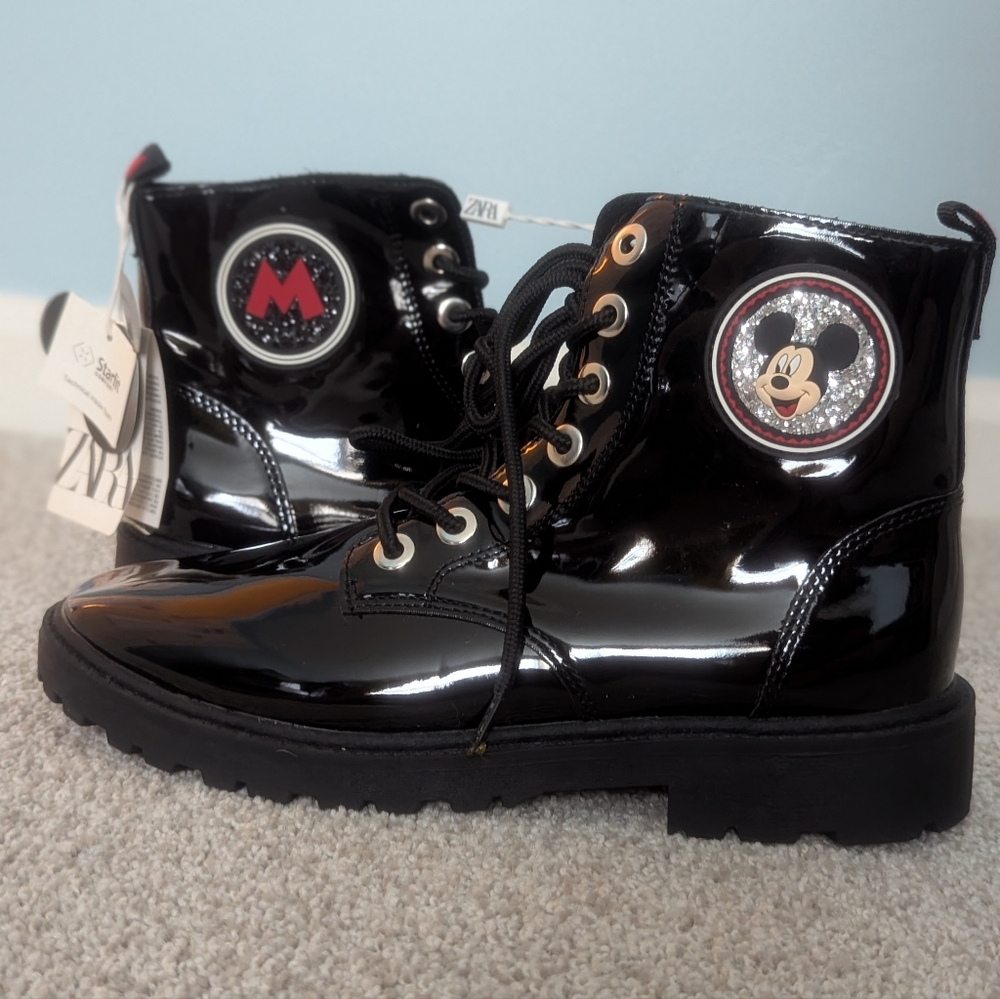 NTW Zara X Disney Mickey Mouse Black Patent Leather Boots - Sz 6/Euro 39
